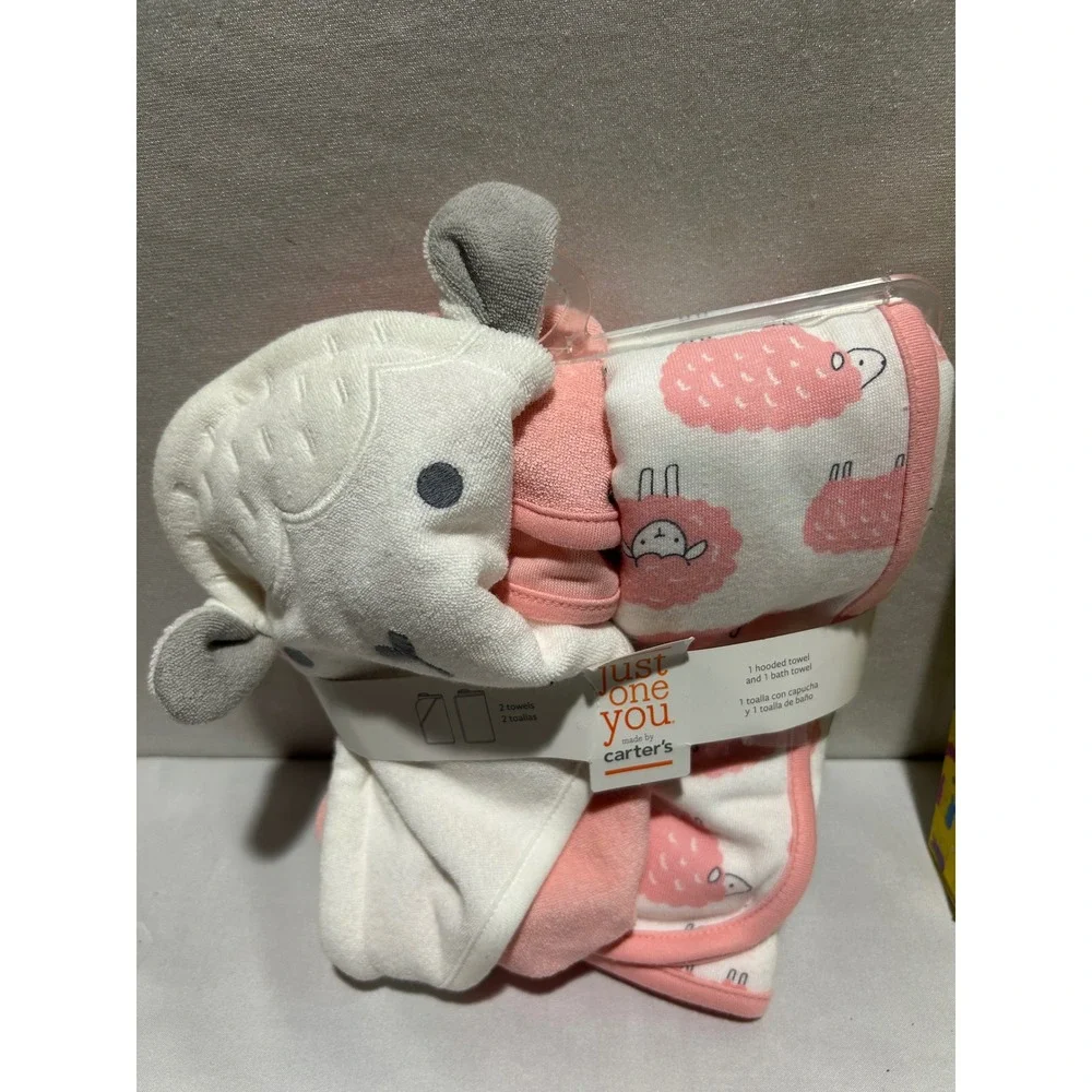 Carters Baby Towels Set Pink White Sheep Print Hooded 2pk 29 x29 inch Newborn
